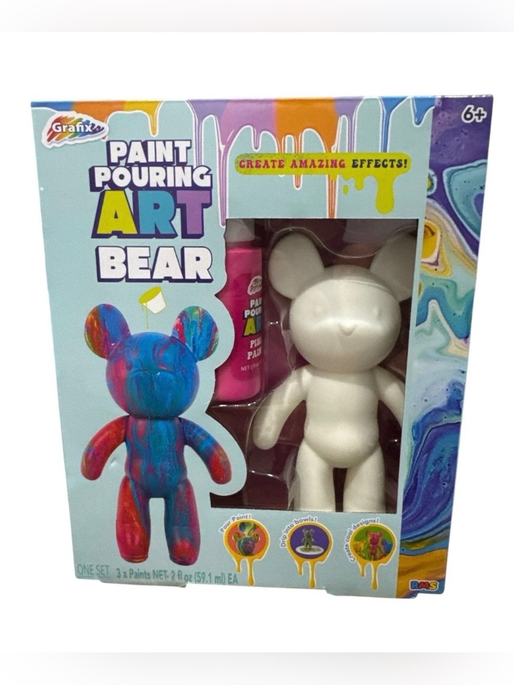 Grafix Paint Pouring Art Bear Kit With 3 Paints Brush & Accessories For Kids 6+